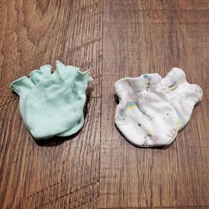 Set 2 Baby Mittens Infant Mitts Cotton Mint Green Teal Unicorn Rainbow Girl 0-3M